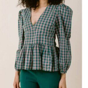La Roque Holiday Plaid 100% Cotton Poplin Ruffled Peplum Top Medium